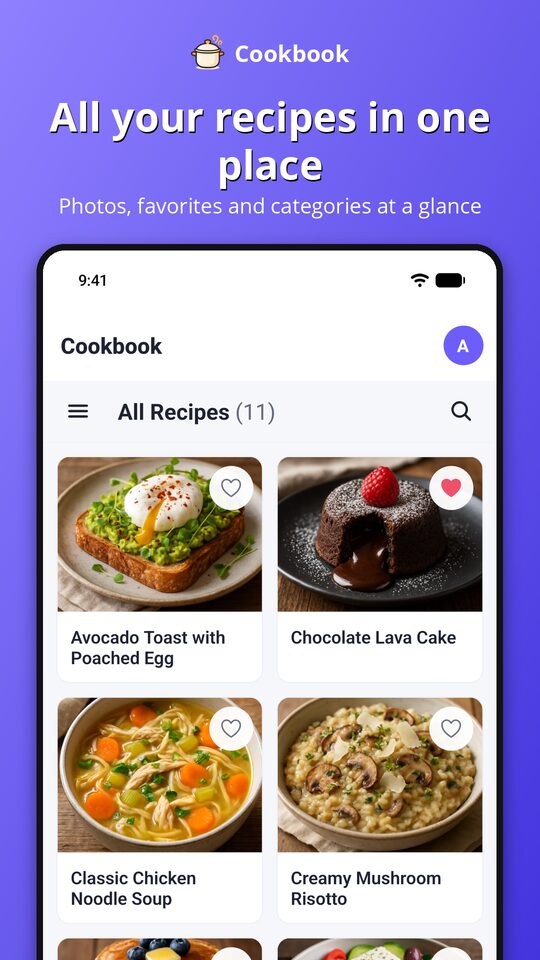 The recipe list with photos and favorites