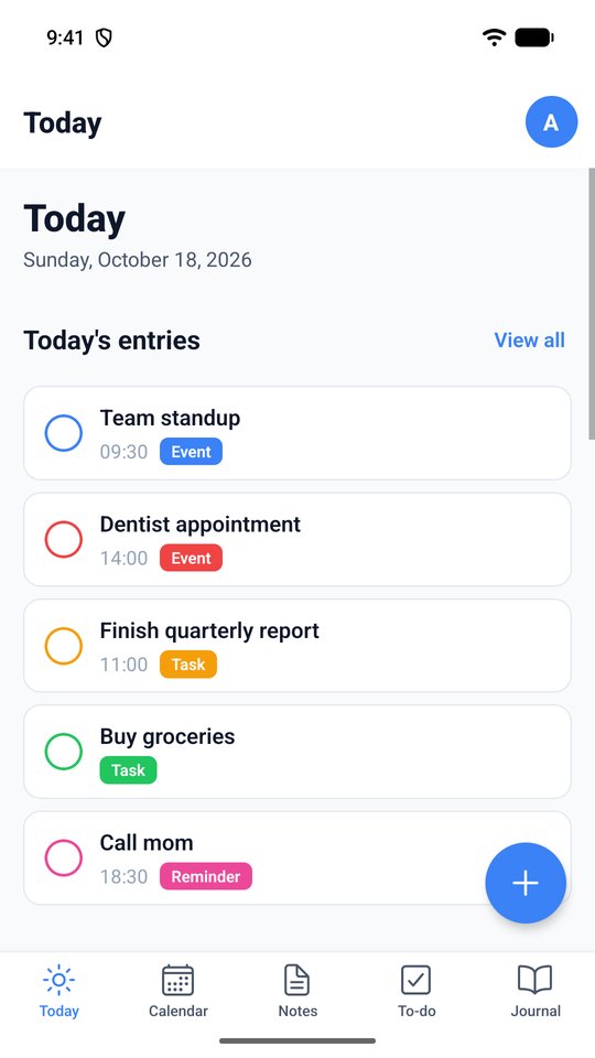 The Today screen with the entries of the day