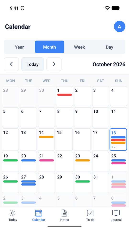 The month calendar with coloured entries